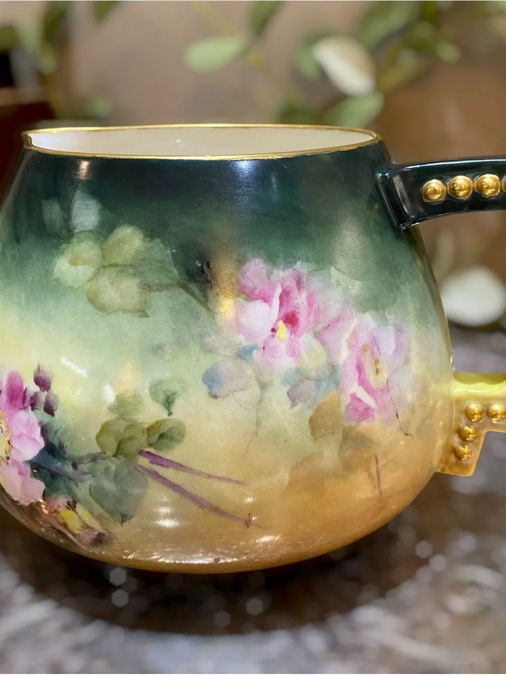 Antique Belleek CAC c1889-1906 Cider Pitcher Artist Signed Purple Mark #1 Roses
